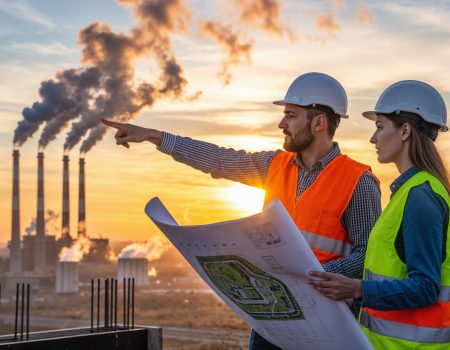 engineers reviewing blueprints construction site