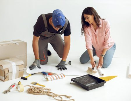 the young and cute family repairs the room